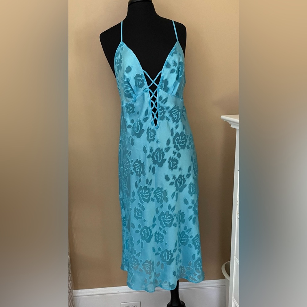 Secret Treasures Blue Satin Chemise with Floral Elegance